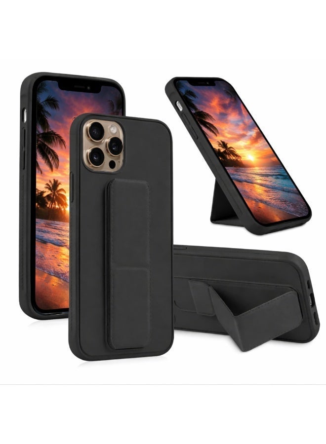 COVERSCART Apple iPhone 16 Pro Premium Silicon Case with Magnetic Stand & Finger Grip, Car Mount Compatible Kickstand Cover – Black - Image 1